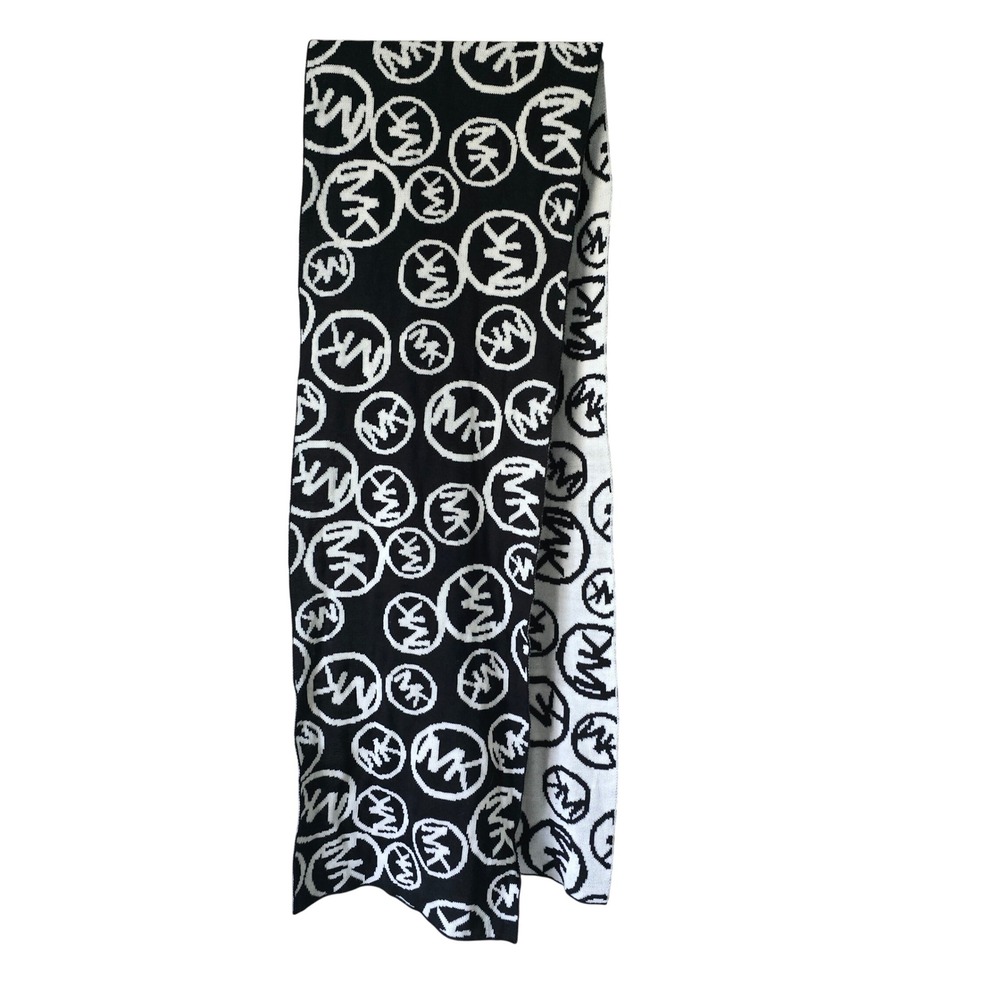 Michael Kors Reversible Logo Knit Scarf Black White Acrylic MK Circle Pattern